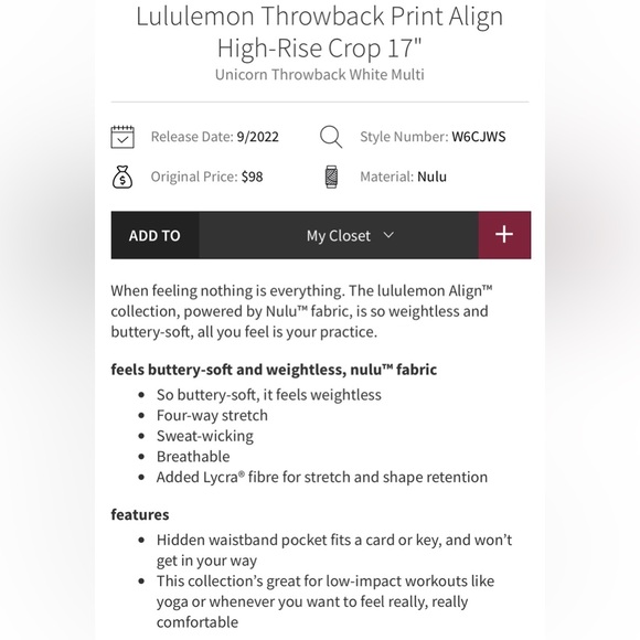 Lululemon Throwback Print Align High-rise Crop 17” Size 6 - Picture 4 of 10